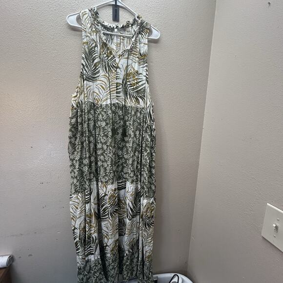 Kaktus Dress Sz XXL Tiered Floral Maxi Cottagecore Tropical Boho Vacation Green - Picture 1 of 7